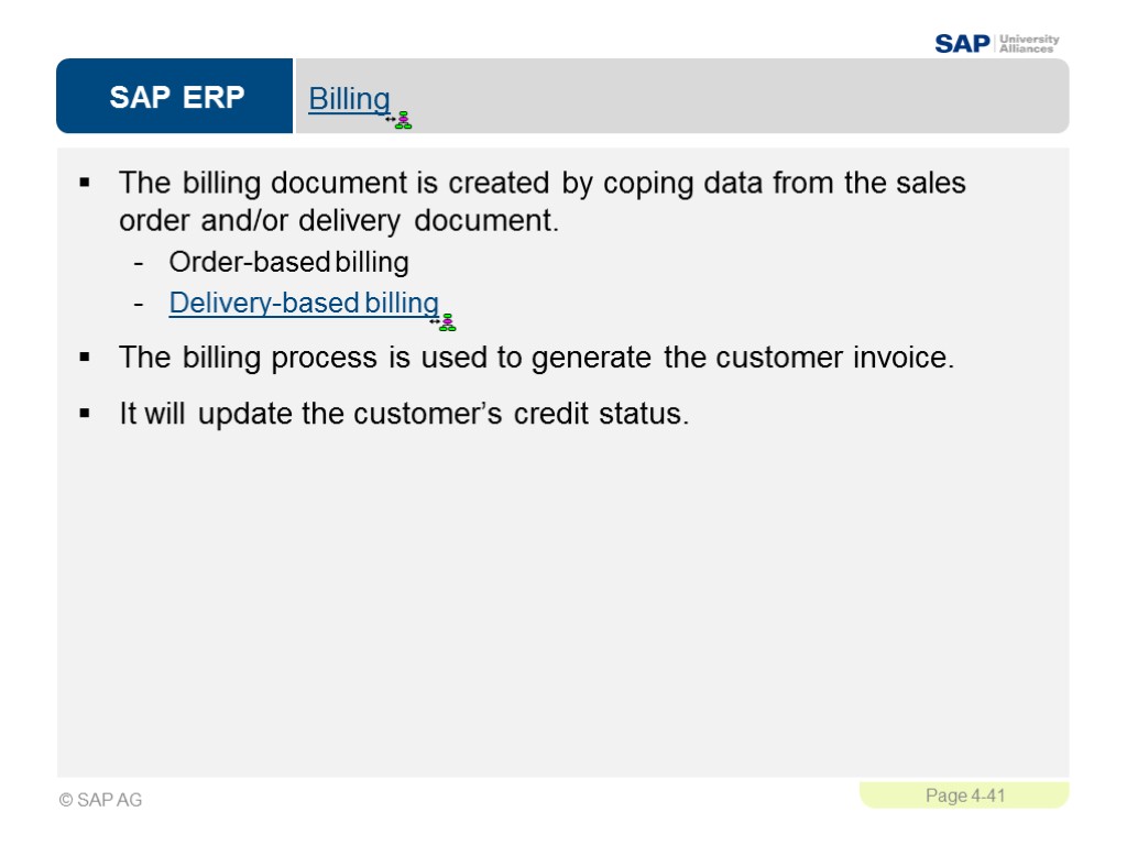 Billing The billing document is created by coping data from the sales order and/or